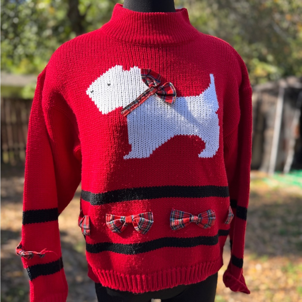 1980s Vintage Spice of Life Scotty Dog Plaid Bows Pullover Sweater - Picture 4 of 9